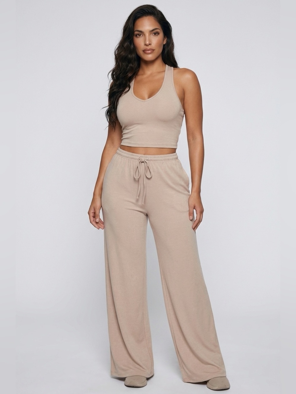 Wide-Leg Drawstring Pants and Crop Top Set in Taupe
